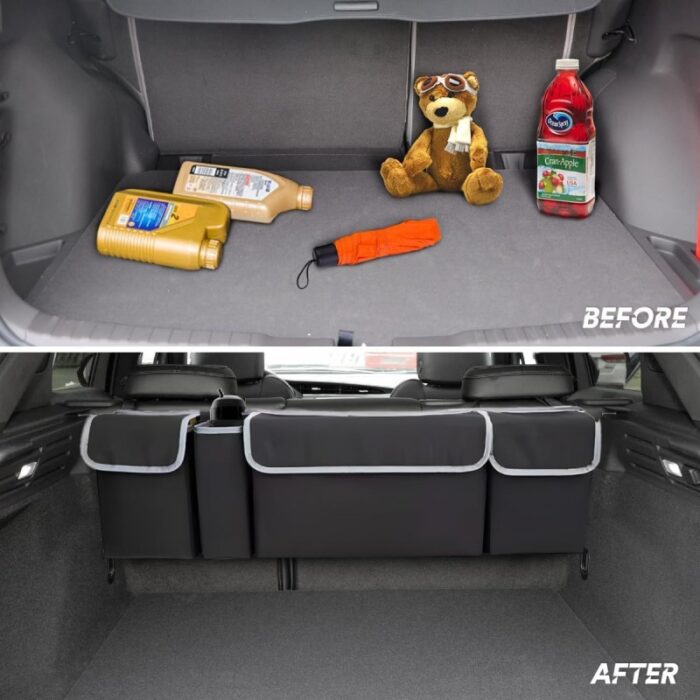 ⁦منظم صندوق السيارة عدد 1 للتعليق على المقاعد الخلفية مع أحزمة قابلة للتعديل- لتخزين كافة المستلزمات بشكل مرتب وخالٍ من الفوضى - لون أسود⁩ - الصورة ⁦4⁩