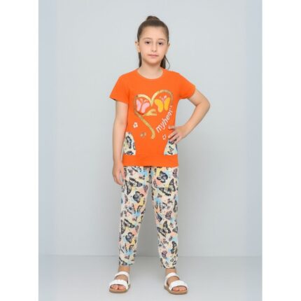 بجامة بناتي قطعتين صيفي لون برتقالي