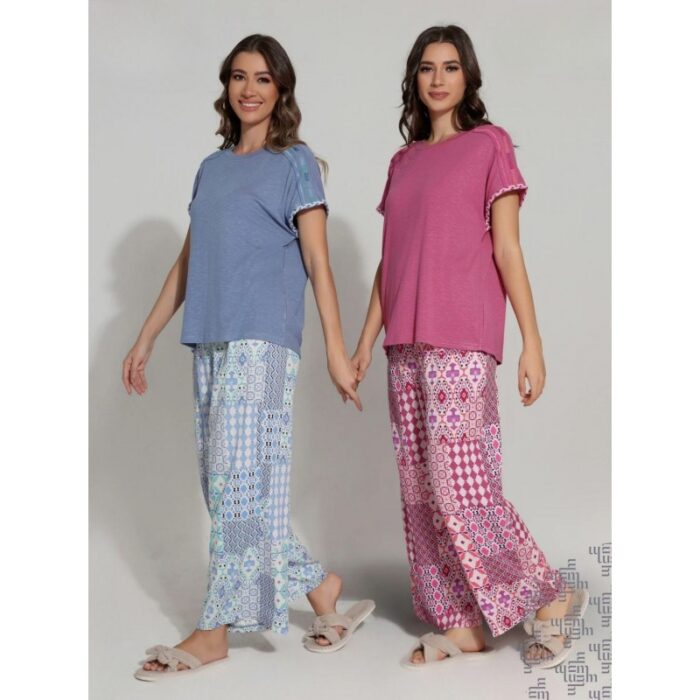 ⁦بجامة قطن بأكمام قصيرة للنساء لون زهري⁩ - الصورة ⁦2⁩