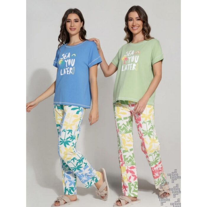 ⁦بجامة قطن بأكمام قصيرة للنساء لون أزرق⁩ - الصورة ⁦2⁩