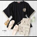 بجامة قطن بأكمام قصيرة للنساء لون أسود