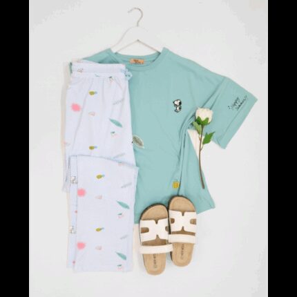 بجامة قطن بأكمام قصيرة للنساء لون أزرق