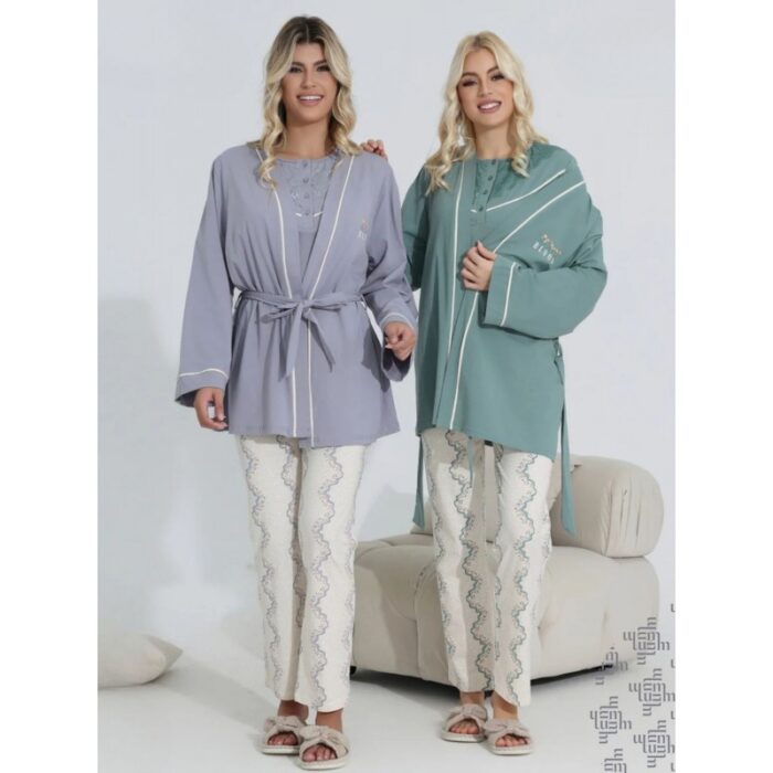 ⁦بجامة قطن بأكمام قصيرة (3 قطع) للنساء لون أخضر⁩ - الصورة ⁦2⁩