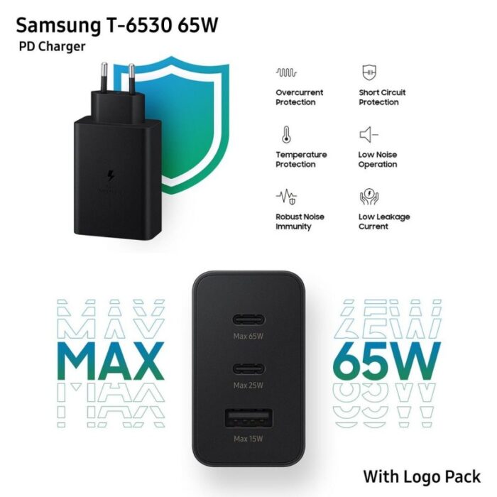 ⁦عظمة شحن سامسونج T-6530 65W PD مبكت مع لوجو - 3 مداخل حيث يمكنك شحن 3 أجهزة في نفس الوقت⁩ - الصورة ⁦3⁩