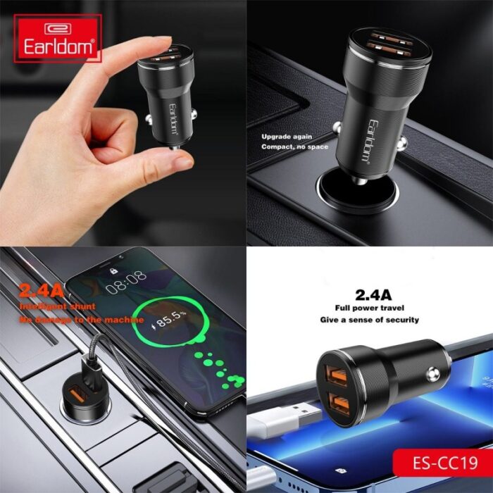 ⁦شاحن سيارة Earldom CC-19، بمنفذين USB، مع كيبل منفذ ايفون Lightning - بقوة 12 واط.⁩ - الصورة ⁦2⁩