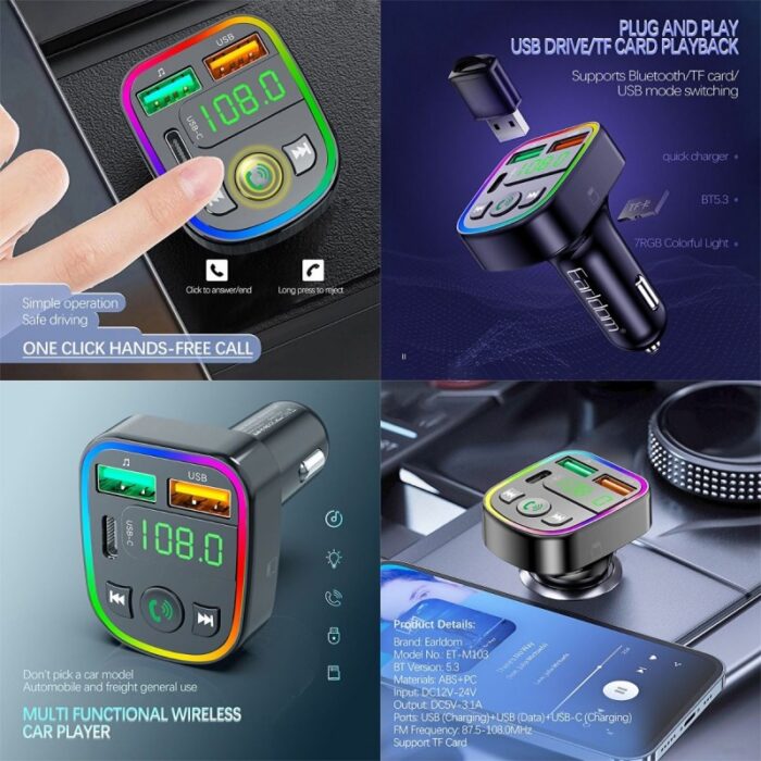 ⁦مشغل MP3 سيارة بلوتوث ماركة Earldome - ذات 2 منفذ USB و منفذ Type C - مع 7 ألوان RGB⁩ - الصورة ⁦3⁩