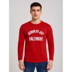 تيشيرت بأكمام طويلة للشباب لون أحمر