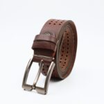 سير (حزام وسط) جلد طبيعي عرض 4 سم مخرم للرجال لون بني محروق