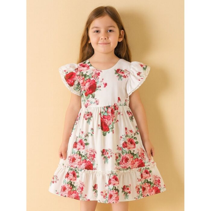 ⁦فستان بناتي لون ابيض مورد⁩ - الصورة ⁦2⁩