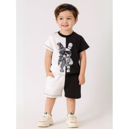 طقم ولادي قطعتين لون اسود وابيض