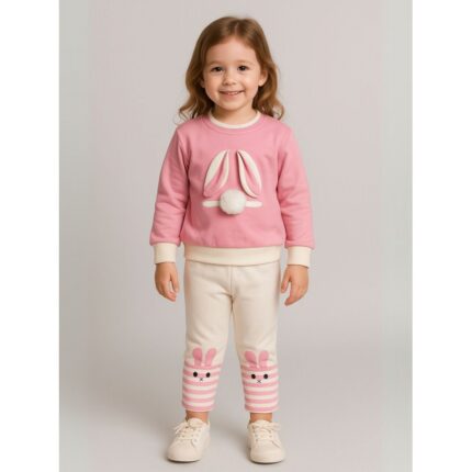 بجامة بأكمام طويلة قطعتين بناتي لون زهري وأبيض