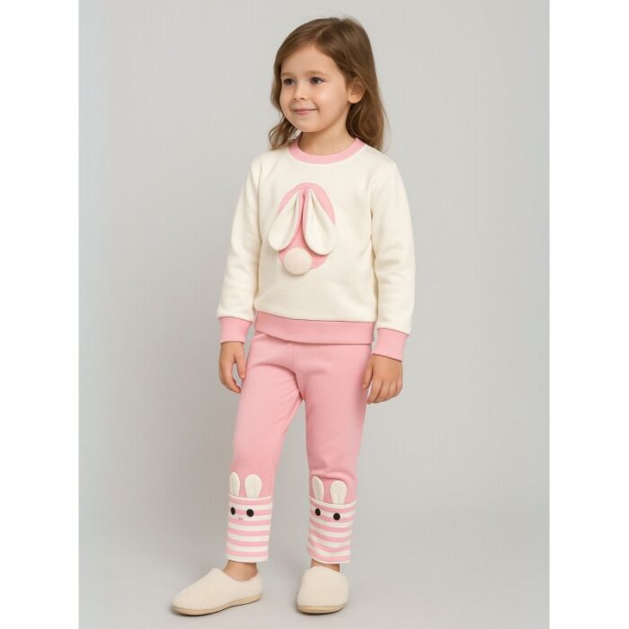 ⁦بجامة بأكمام طويلة قطعتين بناتي لون أبيض وزهري⁩ - الصورة ⁦1⁩