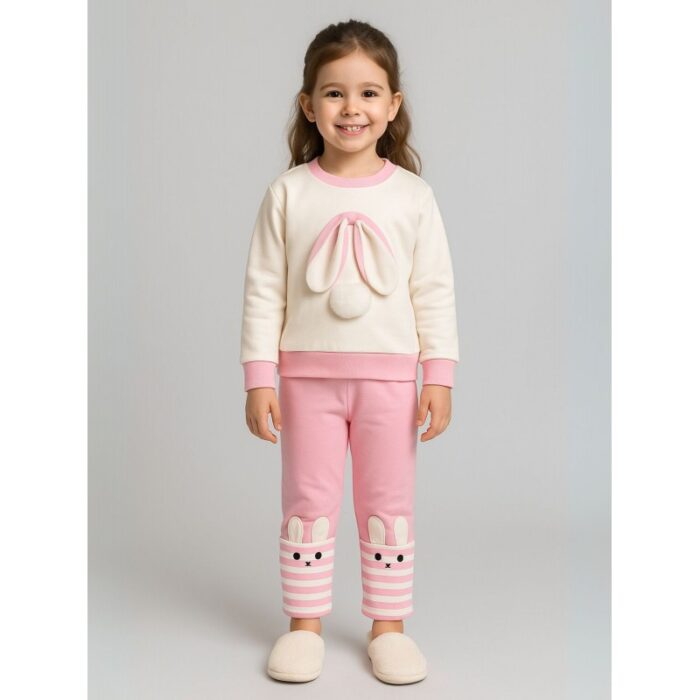 ⁦بجامة بأكمام طويلة قطعتين بناتي لون أبيض وزهري⁩ - الصورة ⁦2⁩