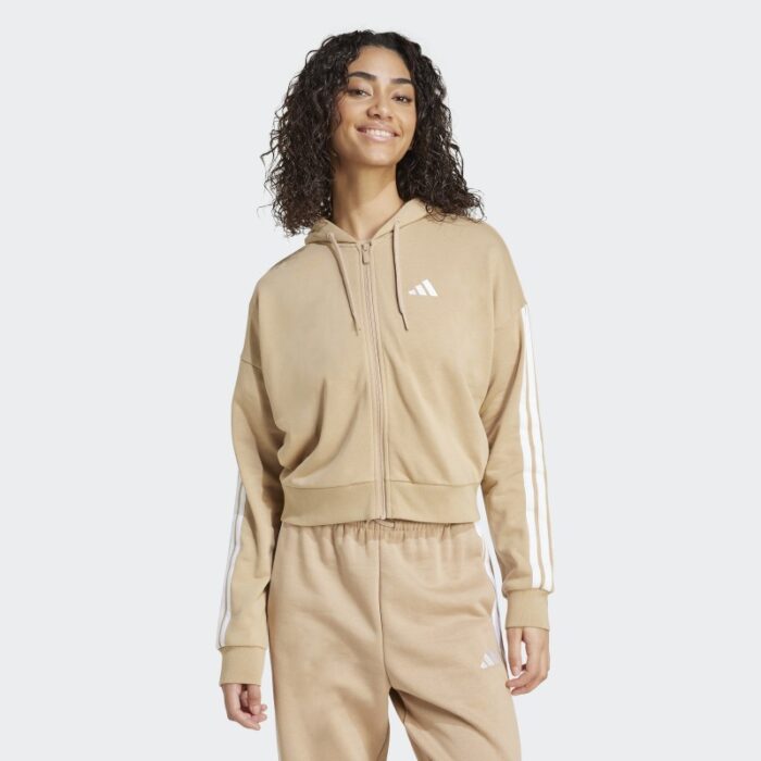 ⁦Adidas Womens' Essentials 3-Stripes French Terry Full-Zip Hoodie - Brown⁩ - الصورة ⁦2⁩