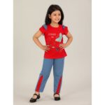 بجامة بناتي بأكمام قصيرة (قطعتين) لون أحمر وأزرق