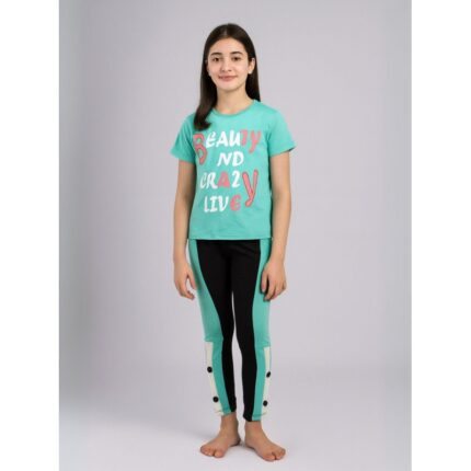 بجامة بناتي بأكمام قصيرة (قطعتين) لون أخضر وأسود