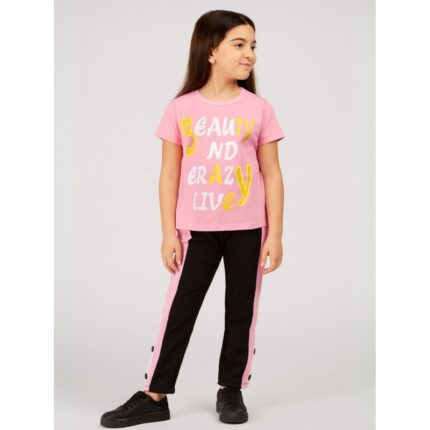 بجامة بناتي بأكمام قصيرة (قطعتين) لون زهري وأسود