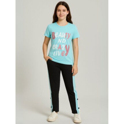 بجامة بناتي بأكمام قصيرة (قطعتين) لون أزرق وأسود