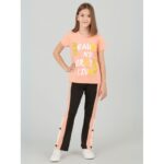 بجامة بناتي بأكمام قصيرة (قطعتين) لون برتقالي وأسود