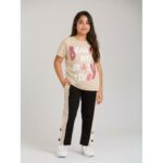 بجامة بناتي بأكمام قصيرة (قطعتين) لون بيج وأسود