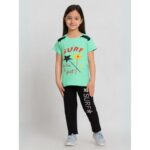 بجامة بناتي بأكمام قصيرة (قطعتين) لون أخضر فاتح وأسود