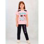 بجامة بناتي بأكمام قصيرة (قطعتين) لون زهري وأسود