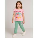 بجامة بناتي بأكمام قصيرة (قطعتين) لون زهري فاتح وأخضر