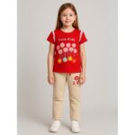 بجامة بناتي بأكمام قصيرة (قطعتين) لون أحمر ووبيج