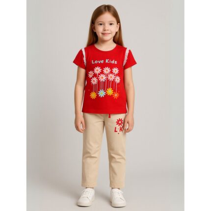 بجامة بناتي بأكمام قصيرة (قطعتين) لون أحمر ووبيج