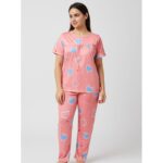 بيجامة ستاتية لون زهري اشكال ملون بنطلون وبلوزة نص كم One Size