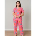 بيجامة ستاتية لون زهري اشكال ملون بنطلون وبلوزة نص كم One Size
