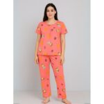 بيجامة ستاتية لون زهري اشكال ملون بنطلون وبلوزة نص كم One Size