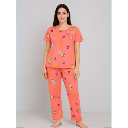 بيجامة ستاتية لون زهري اشكال ملون بنطلون وبلوزة نص كم One Size