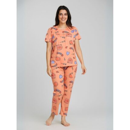 بيجامة ستاتية لون برتقالي اشكال ملون بنطلون وبلوزة نص كم One Size