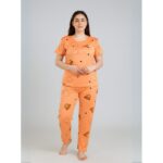 بيجامة ستاتية لون برتقالي اشكال ملون بنطلون وبلوزة نص كم One Size