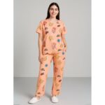 بيجامة ستاتية لون برتقالي اشكال ملون بنطلون وبلوزة نص كم One Size