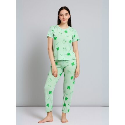 بيجامة ستاتية لون اخضر اشكال ملون بنطلون وبلوزة نص كم One Size