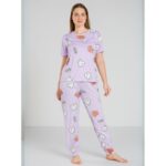 بيجامة ستاتية لون بنفسجي اشكال ملون بنطلون وبلوزة نص كم One Size