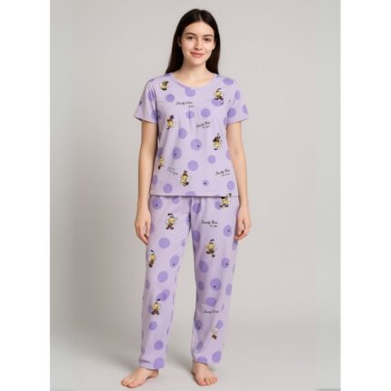 بيجامة ستاتية لون بنفسجي اشكال ملون بنطلون وبلوزة نص كم One Size