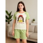 بيجامه ستاتيه بلوزه و شورت برسوم لون ابيض و اخضر One Size