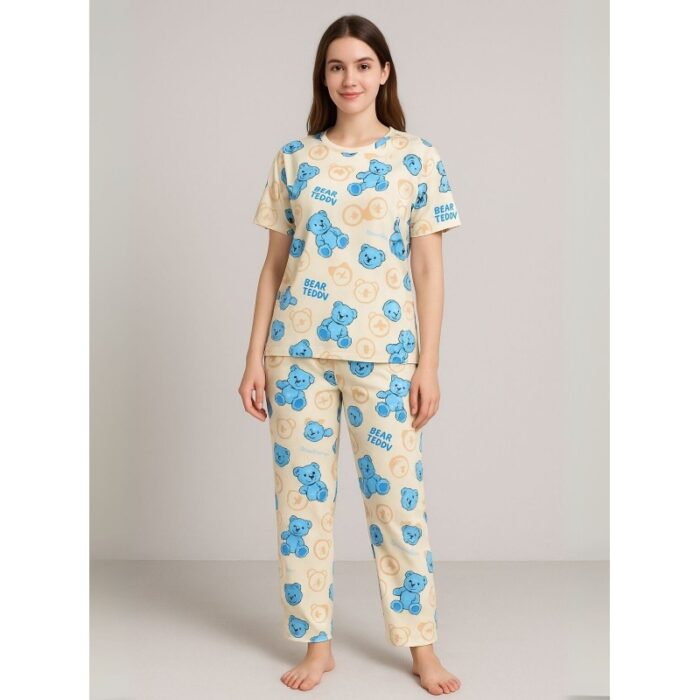 103391245_68d95ae48ba6b بيجامة ستاتية لون بيج اشكال ملون بنطلون وبلوزة نص كم One Size - الصورة 1