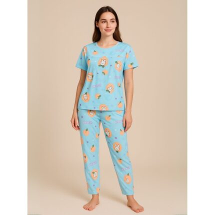بيجامة ستاتية لون أزرق اشكال ملون بنطلون وبلوزة نص كم One Size