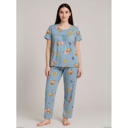 بيجامة ستاتية لون أزرق اشكال ملون بنطلون وبلوزة نص كم One Size