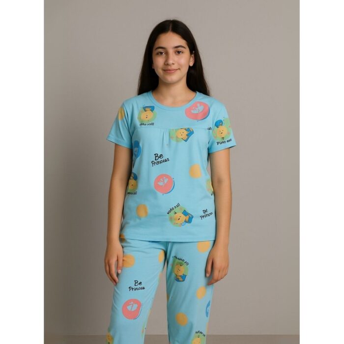 103391250_68d95aecc946b بيجامة ستاتية لون أزرق اشكال ملون بنطلون وبلوزة نص كم One Size - الصورة 1