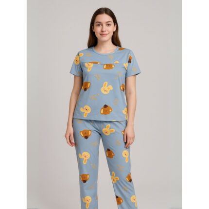 بيجامة ستاتية لون أزرق اشكال ملون بنطلون وبلوزة نص كم One Size