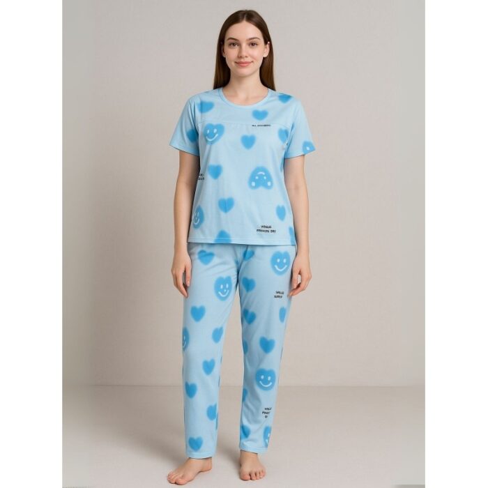 103391253_68d95af41c19a بيجامة ستاتية لون أزرق اشكال ملون بنطلون وبلوزة نص كم One Size - الصورة 1
