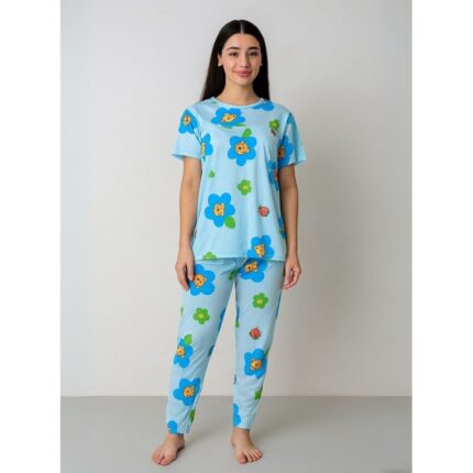 بيجامة ستاتية لون أزرق اشكال ملون بنطلون وبلوزة نص كم One Size