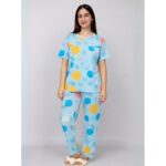 بيجامة ستاتية لون أزرق اشكال ملون بنطلون وبلوزة نص كم One Size