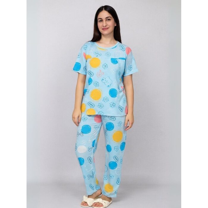 103391259_68d95afc1f5e0 بيجامة ستاتية لون أزرق اشكال ملون بنطلون وبلوزة نص كم One Size - الصورة 1