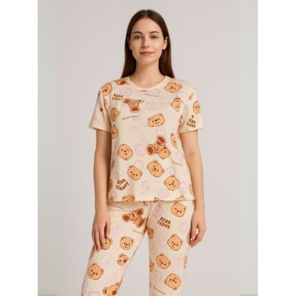 بيجامة ستاتية لون بيج اشكال ملون بنطلون وبلوزة نص كم One Size